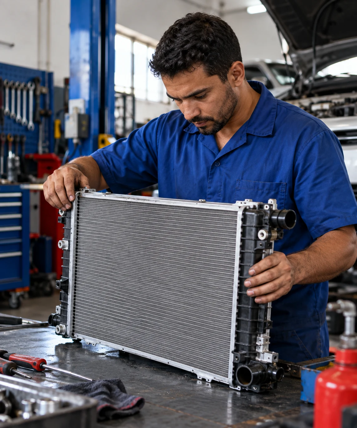 Técnico avaliando um radiador automotivo — imagem ilustrativa